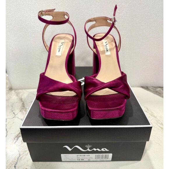 NINA STACIE WINE SATIN BLOCK-HEEL PLATFORM SANDALS HEELS WITH ANKLE-STRAP sz 10 - Picture 2 of 10
